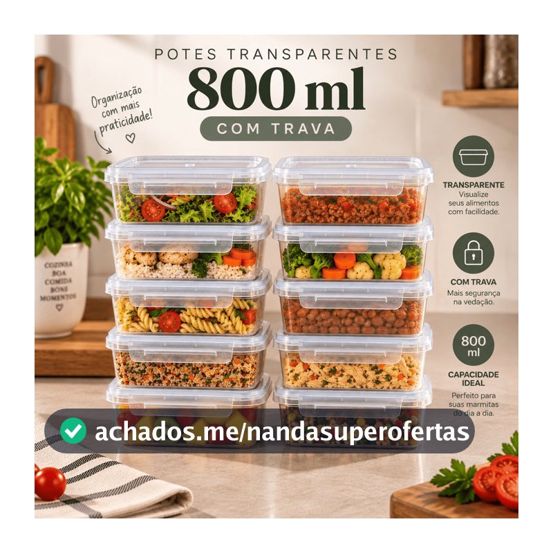 Kit 10 Potes marmitas com Trava 800ML - Transparente e Tampa Transparente - LIVRE BPA - Marmita - Freezer - Micro-ondas