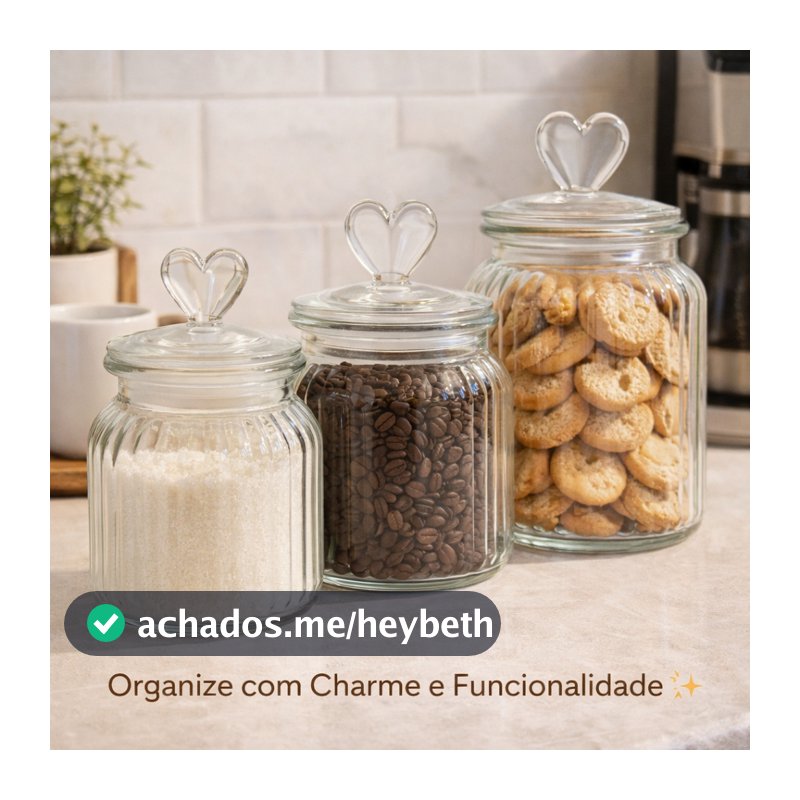 Pote de Vidro Hermético Com Tampa De Coração – Organize Com Amor