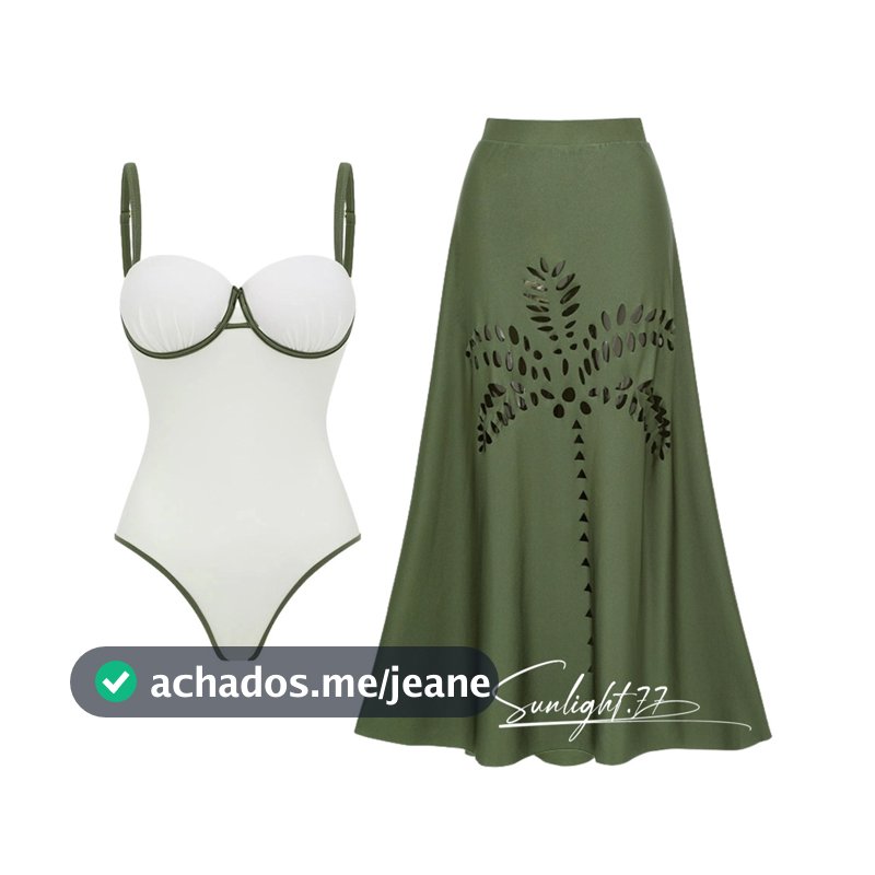 Novas Mulheres Maiô De Uma Peça Verde Do Exército + Oco Para Fora Praia Saia Conjunto Sexy Cintura Alta Roupa De Banho C