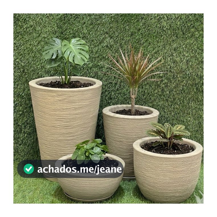 Kit 4 Vasos Texturizados Planta Flor Polietileno Coluna Redonda N1 N2+ Bojo N1+Bacia N1 com Prato