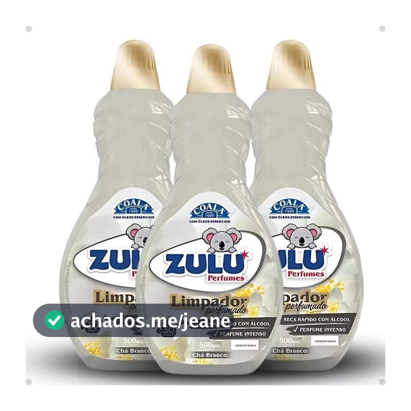 Kit 3 Limpador Perfumado Coala Zulu Chá Branco 500ml Multiuso Casa Limpa Cheiro Duradouro