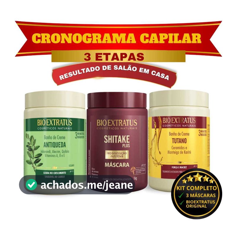 Kit Cronograma Capilar Crescimento BioExtratus 1Kg  1BC Antiqueda, 1BC Tutano, 1Mascara Shitake Plus