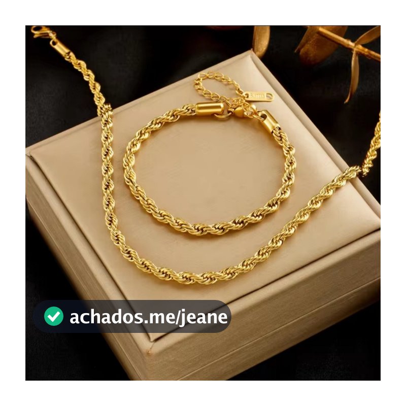 Kit Conjunto Feminino Trançado Corrente + Pulseira 4mm Banhado a Ouro Aço Inox