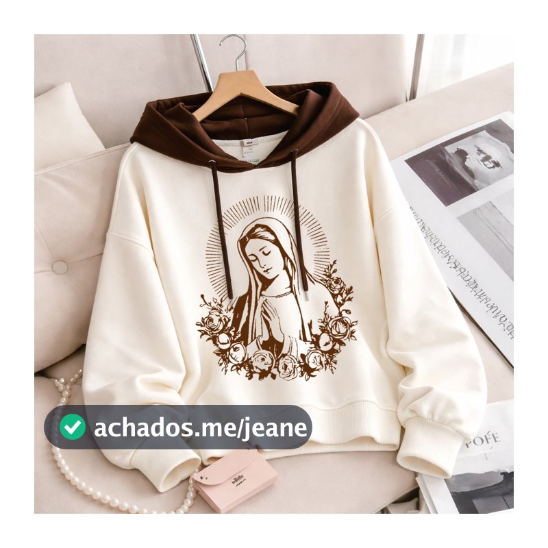 Blusa Moletom Oversized Bicolor Com Estampa Religiosa de Nossa Senhora Com Rosas Delicadas