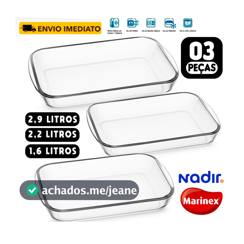 CONJUNTO 3 Assadeiras Retangulares Vidro Temperado - Marinex Celebrity PMG Transparente
