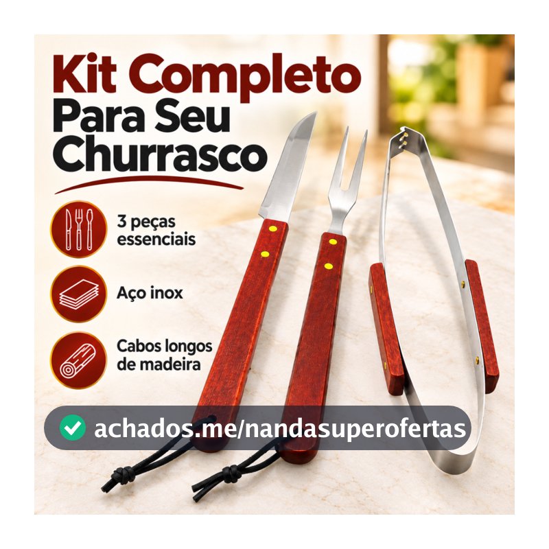 Kit Churrasco Faqueiro Faca Corte Pegador De Carne Garfo Trinchante Aço Inox Cabo Longo Madeira