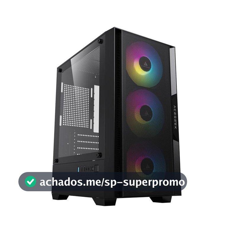 Gabinete Gamer Acegeek Stratus Mesh, Rainbow, Mid-Tower, Com 3 Fans, Preto, AG-STRATUS-MESH-BK-I3F