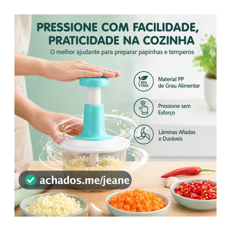 Processador Manual de Alimentos com Pressão Lâminas Aço Inox Picador de Alho Cebola Legumes Papinha Bebê