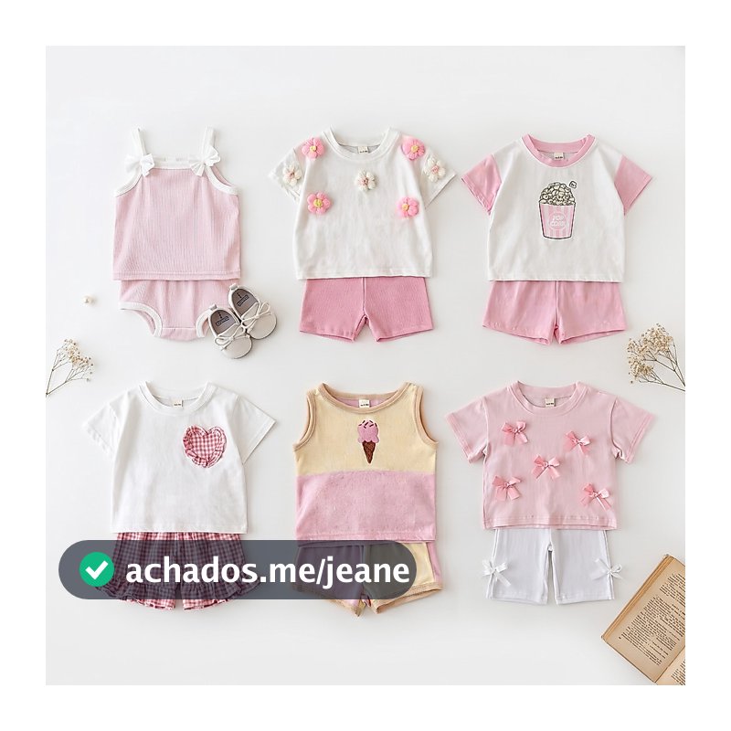 Conjunto Casual Doce Para Meninas , Malha Canelada , Estampa Fofa , Laço , Flor , Verão , Roupa De Duas Peças