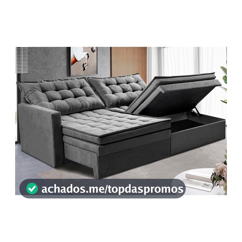 Sofá Sem Caixa Retrátil Baú 2,00m Cama inBox Secret Suede Velusoft Cinza