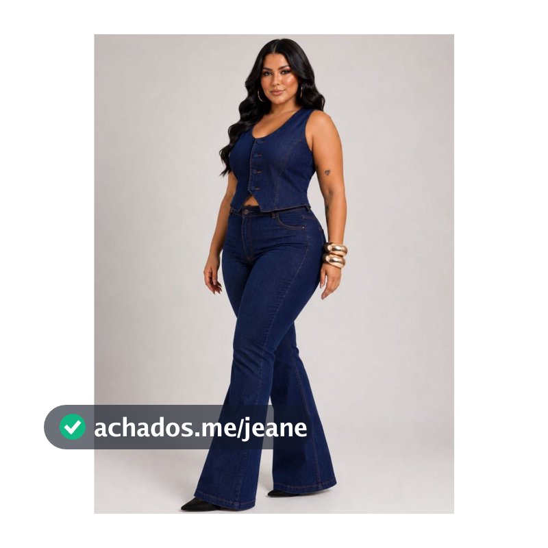 Conjunto Plus Size Calça Flare e Colete Jeans Feminino com Lycra