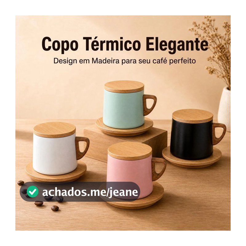 Xícara Copo Térmico 280ml Aço Inoxidável 304 Com Tampa E Pires De Madeira Para Água E Café