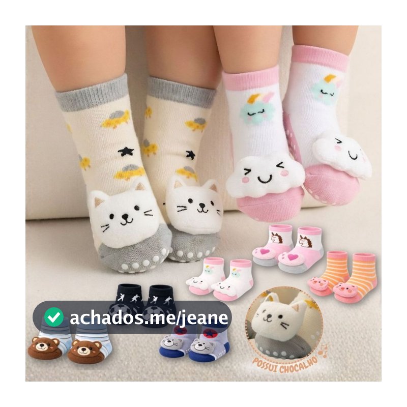 Kit 9, 6 ou 3 Pares de Meias para Bebê Menino ou Menina com Chocalho e Pelúcia Antiderrapante Macia e Confortável 0-24 M