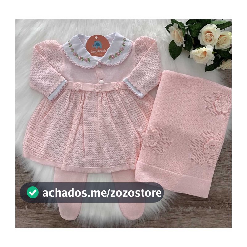 Saída De Maternidade Menina Tricô - Saída Flor 3 Peças