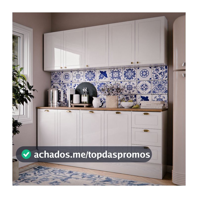 Cozinha Americana Completa Luiza 160cm Armário Aéreo e Balcão Suspenso 9 Portas e 3 Gaveta Compacto Branco