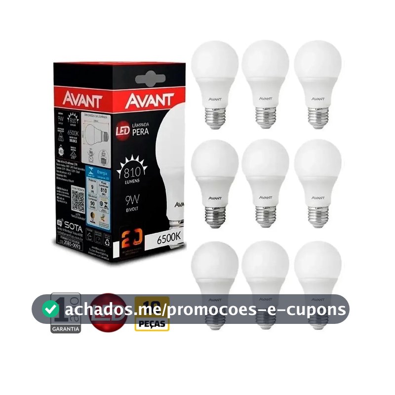 Kit com 10 Lâmpadas Led 9W Bivolt Branco Frio 6500K Avant