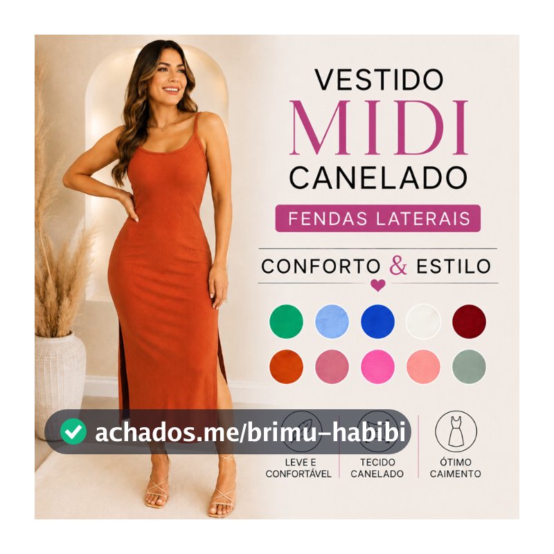 Vestido Midi Canelado Feminino Alça Fina Com Fenda Lateral Longo Casual Elegante |1149| Oferta