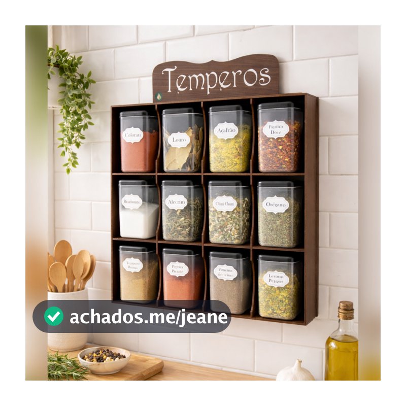 Porta tempero prateleira organizadora em MDF decorado - 12 Potes - Condimentos Mantimentos Original