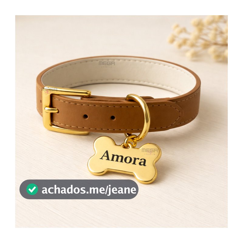 Coleira de Couro com Osso com Nome do Cachorro ou Gato Personalizado