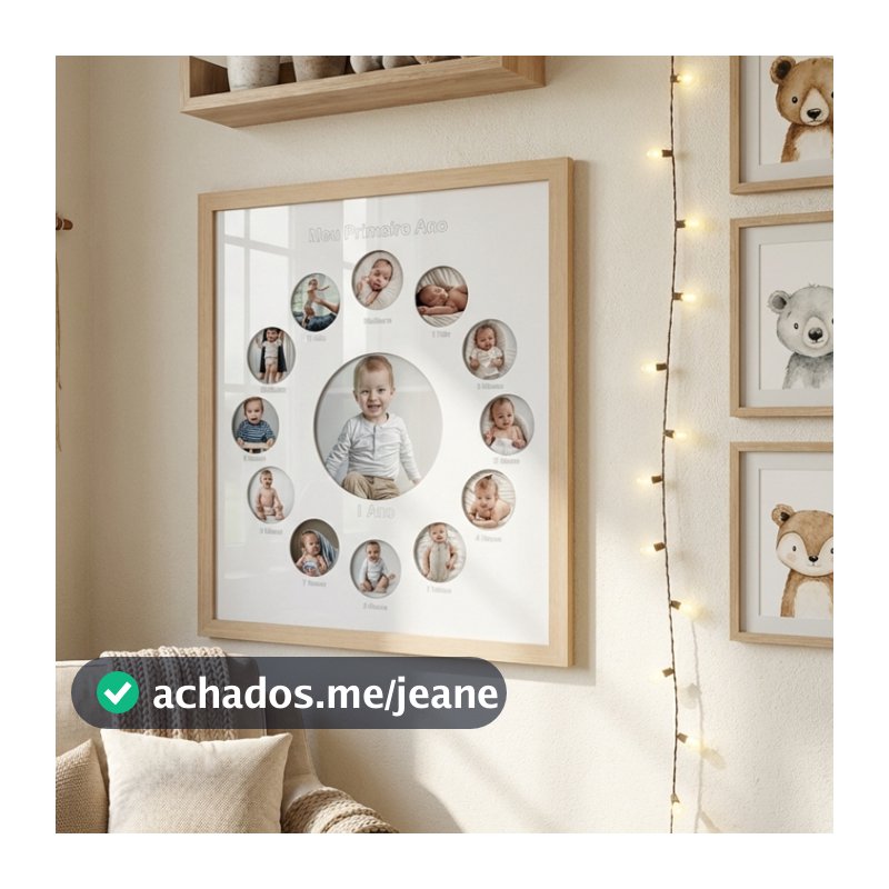 Porta Retrato 12 Fotos Bebê Mês a Mês Quadro Decorativo Infantil Moldura Madeira Quarto Acrílico