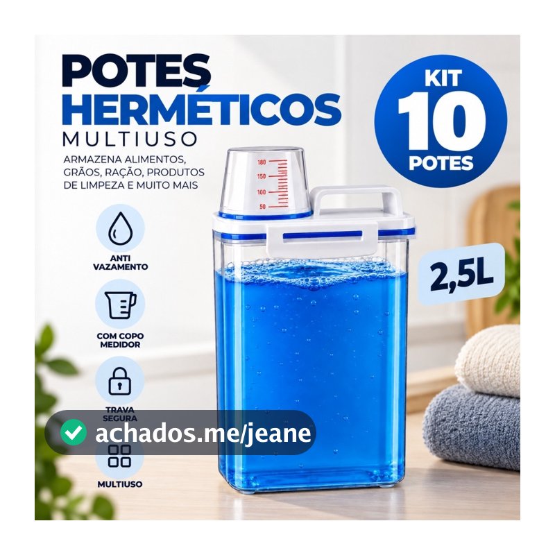 Kit 10 Potes Herméticos 2,5L Multiuso Porta Alimentos Arroz Ração Pet Grãos Sabão Anti Vazamento