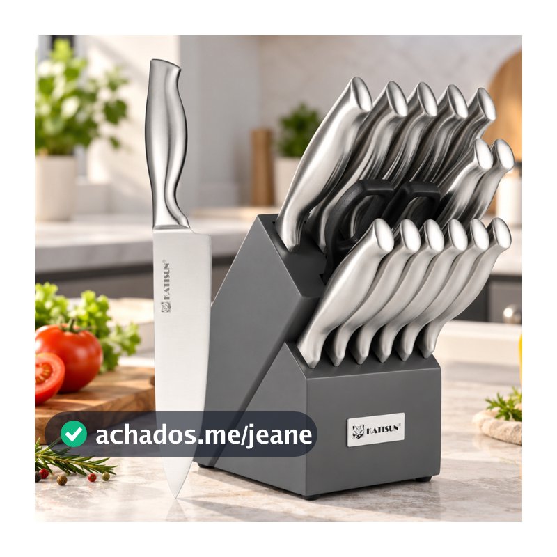 Conjunto de Facas de Cozinha 15 Peças em Aço Inoxidável com Suporte, Afiador Integrado e Design Profissional para Chef
