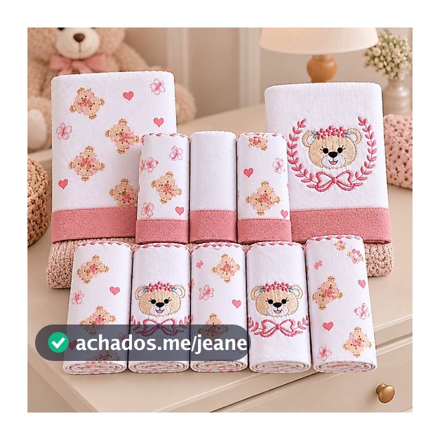Kit 10 Peças Enxoval Bebê Menina Estampa & Bordado Ursinha Baby 5 Fraldas, 3 Cueiro +2 Toalhas
