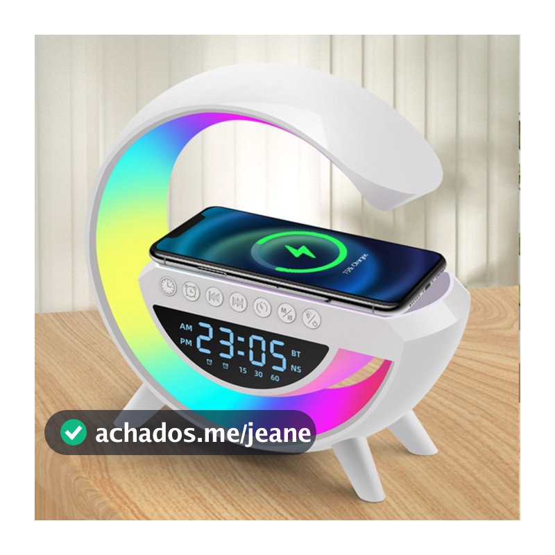 Caixa de Som Bluetooth 5.3 com Luminária LED RGB Relógio Despertador e Carregador Sem Fio 10W