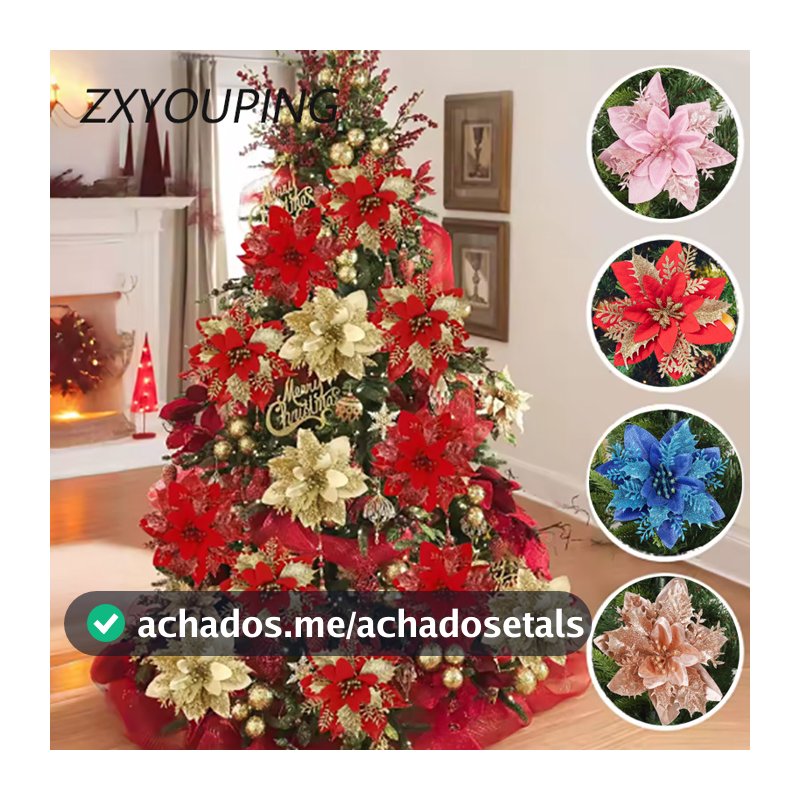 14cm Decorações Da Árvore De Natal Grande Glitter Flores Artificiais Flor Casa Festa De Ano Novo E Decoração Feliz