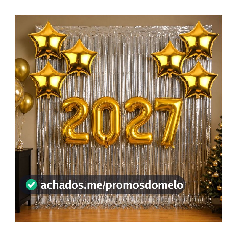 Kit 2027 Decoração Ano Novo + 2 Cortinas Metalizadas 1x2m + 6 Balões Estrela