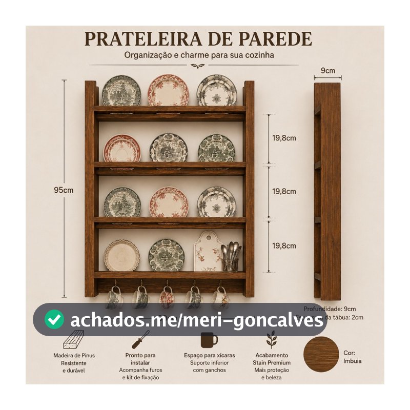 Prateleira Porta Pratos Madeira Pinus 95x60cm Porta Xícaras Stain Imbuia Cozinha