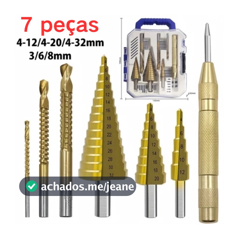 Kit3/6/ 7 Brocas Titânio Escalonada Amarela Aço e Broca Corte Lateral Marcador Punção Com Caixa