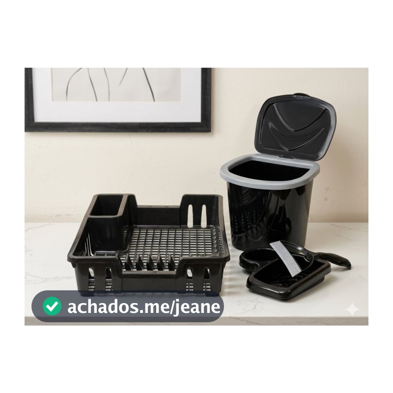 Kit Organização Cozinha 4 Peças Escorredor de Louça Lixeira 3L Porta Detergente e Rodinho Premium