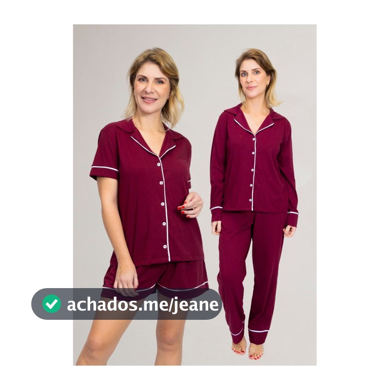 KIT 1 Pijama Americano Feminino Longo + 1 Pijama Americano Feminino Curto Algodão - Bordô