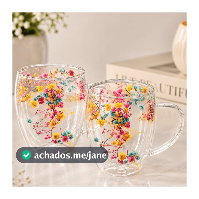 Xícara Caneca De Vidro Parede Dupla Com Flores Seca Caneca