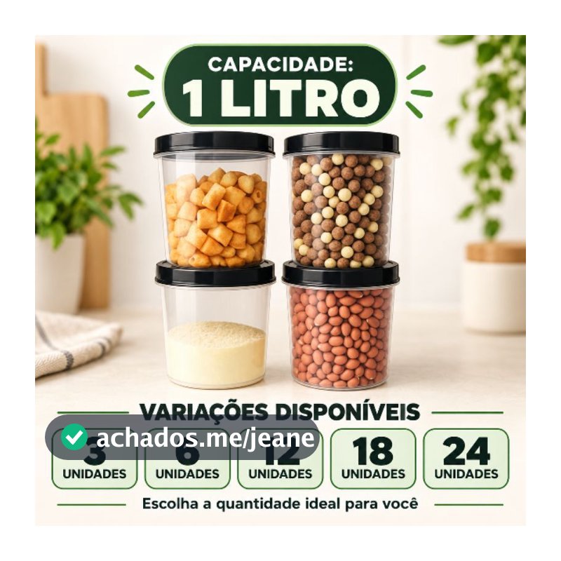 Jogo até 24 Potes 1 Litro Mantimento Plástico com Tampa de Rosca Hermético Multiuso Kit Organizador