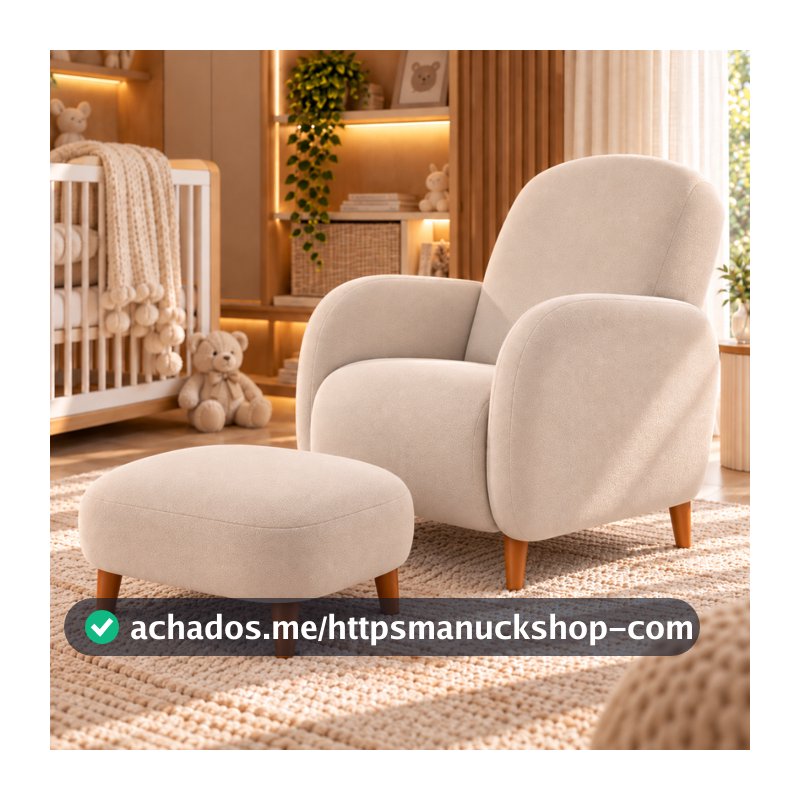 Poltrona Luxo Orgânica Boucle Pés Palito Bege ou Cinza com Puff para Sala Moderna