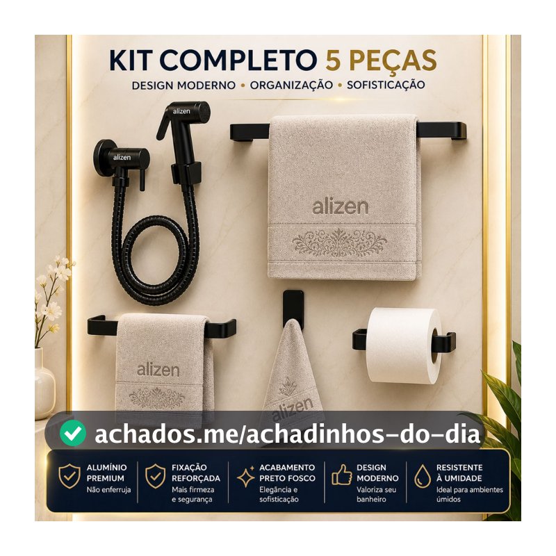 Kit Banheiro Preto Acessórios Ducha Higiênica Porta Toalhas Suporte Papel Higiênico Preto Fosco