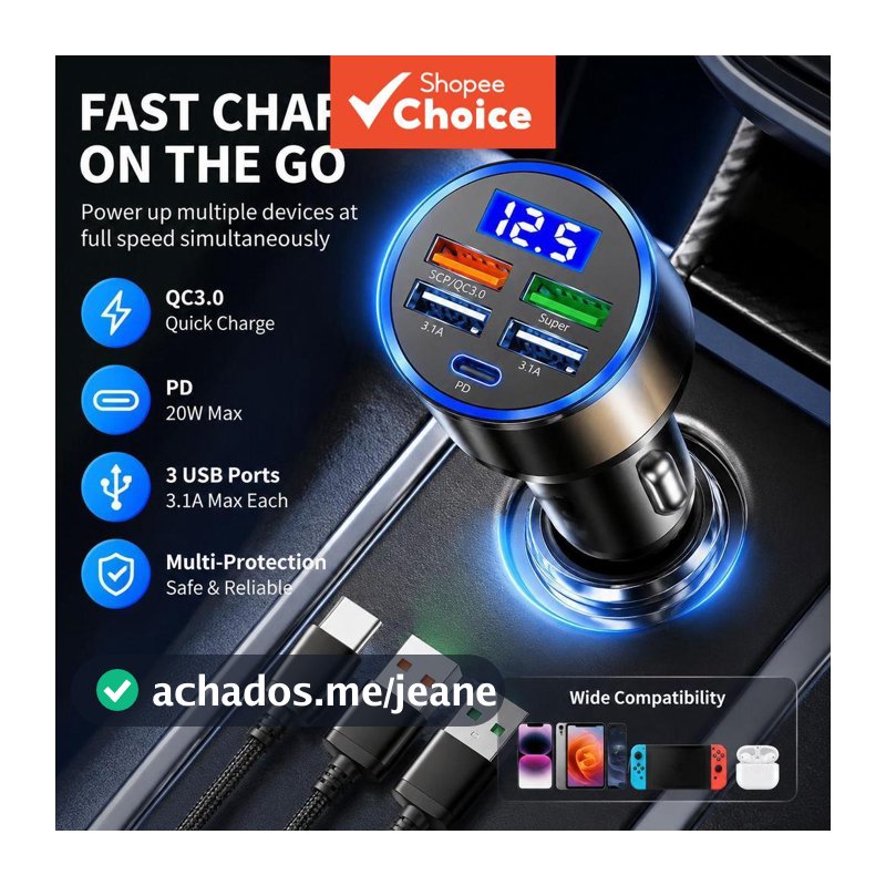 4 Portas Pd 3.0 USB Type C Adaptador De Carregador De Carro Rápido De Carga Rápida
