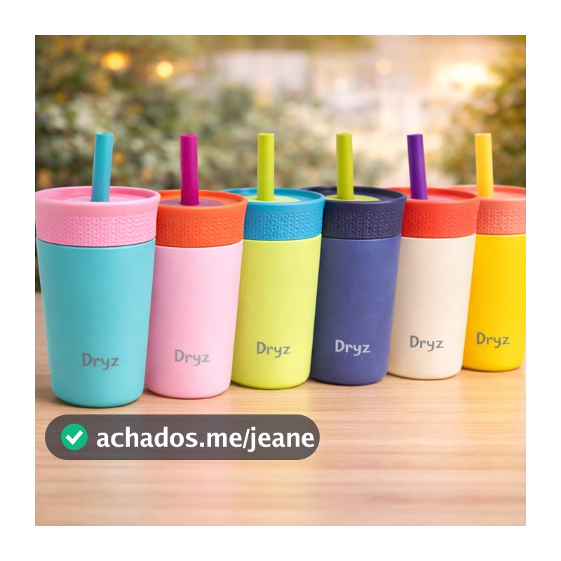 Copo Térmico Inox Infantil Dryz 350ml com Canudo de Silicone Livre de BPA para Crianças