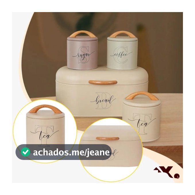 Kit Porta-Pão de Metal e Puxador de Bambu com 3 Latas para Mantimentos Coloridas
