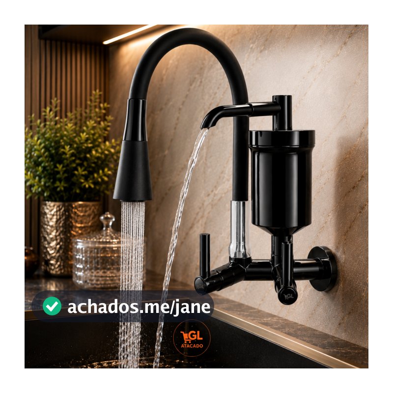 Torneira Gourmet Com Filtro Parede Preta Flexível Purificador Água Cozinha Duplo Jato Luxo Premium