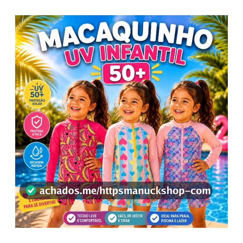 Macaquinho Macacão Infantil UV 50+ Moda Praia Piscina Natação Proteção Solar