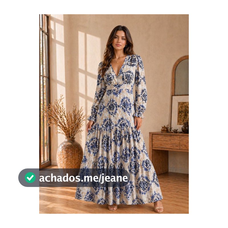 Vestido Longo Feminino Estampado Manga Longa Princesa COD:02-Renda