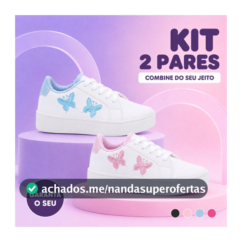 Kit 2 Pares Tênis Infantil Feminino Borboleta Bordada para Escola e Passeio Estilo Moderno