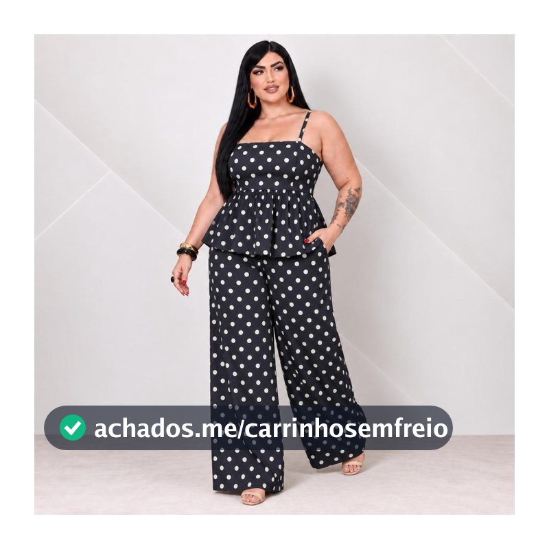 Conjunto Feminino Plus Size Duna Poá Blusa Peplum de Alcinha e Calça Pantalona G1 G2