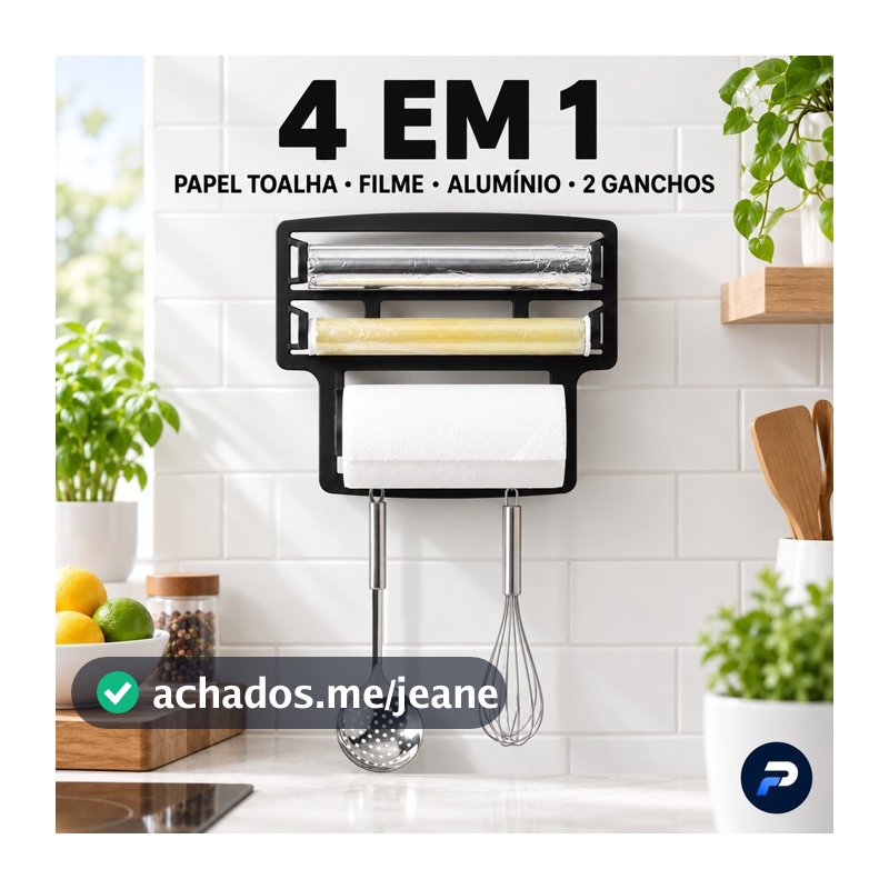 Porta Rolo Suporte de Parede Cozinha 4 em 1 Papel Toalha Alumínio Filme PVC e 2 Ganchos para Utensílios