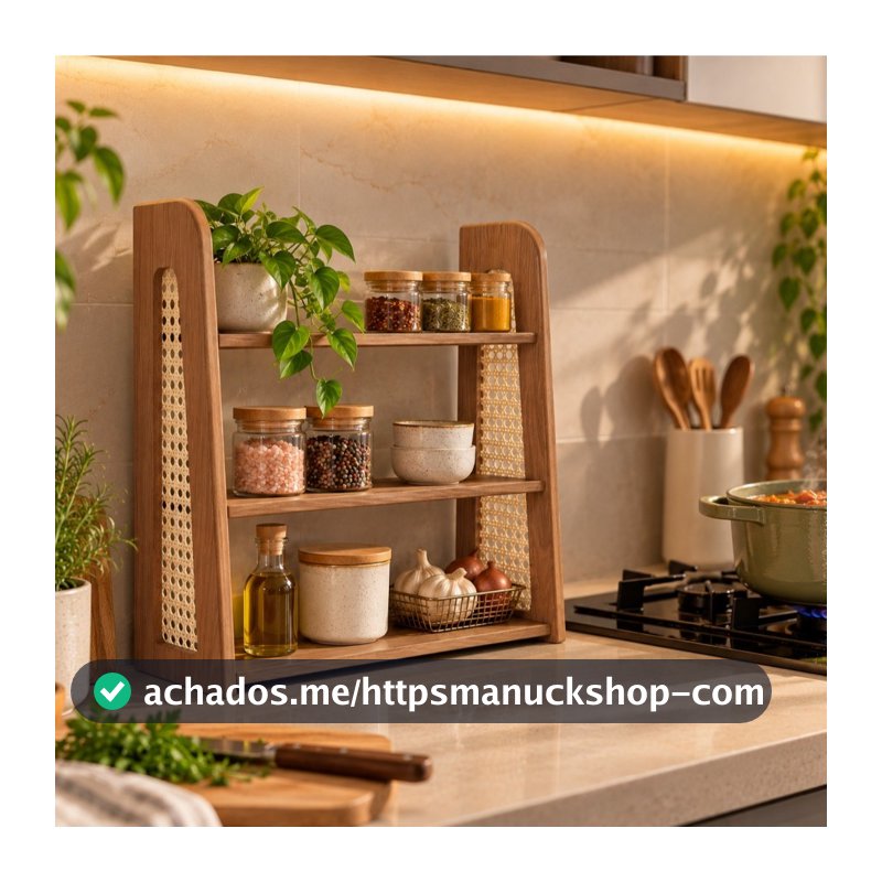 Estante Porta Temperos 3 Prateleiras MDF Palha Indiana Natural Boho Cozinha