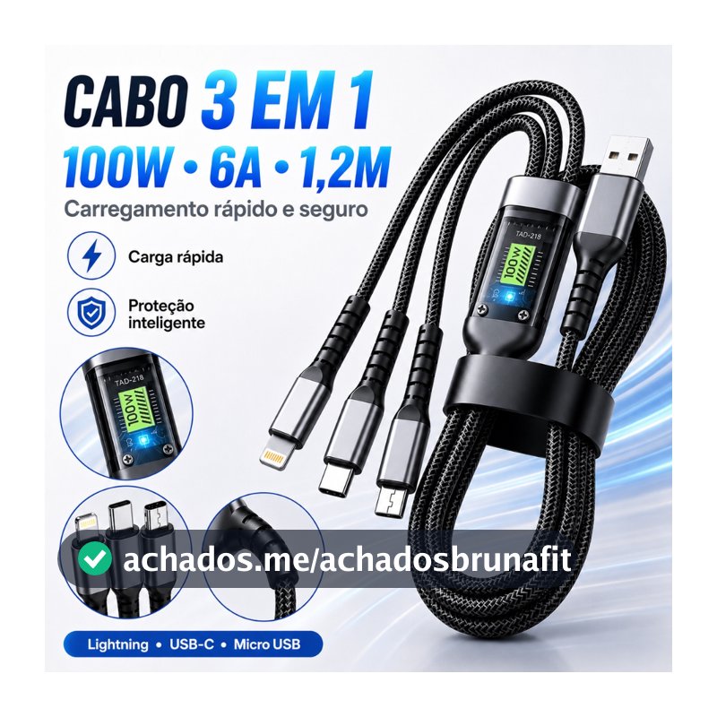 Cabo De Carregador 3 Em 1 100W 6A Tipo C Lightning Micro USB Carga Rápida Liga De Zinco 1,2M