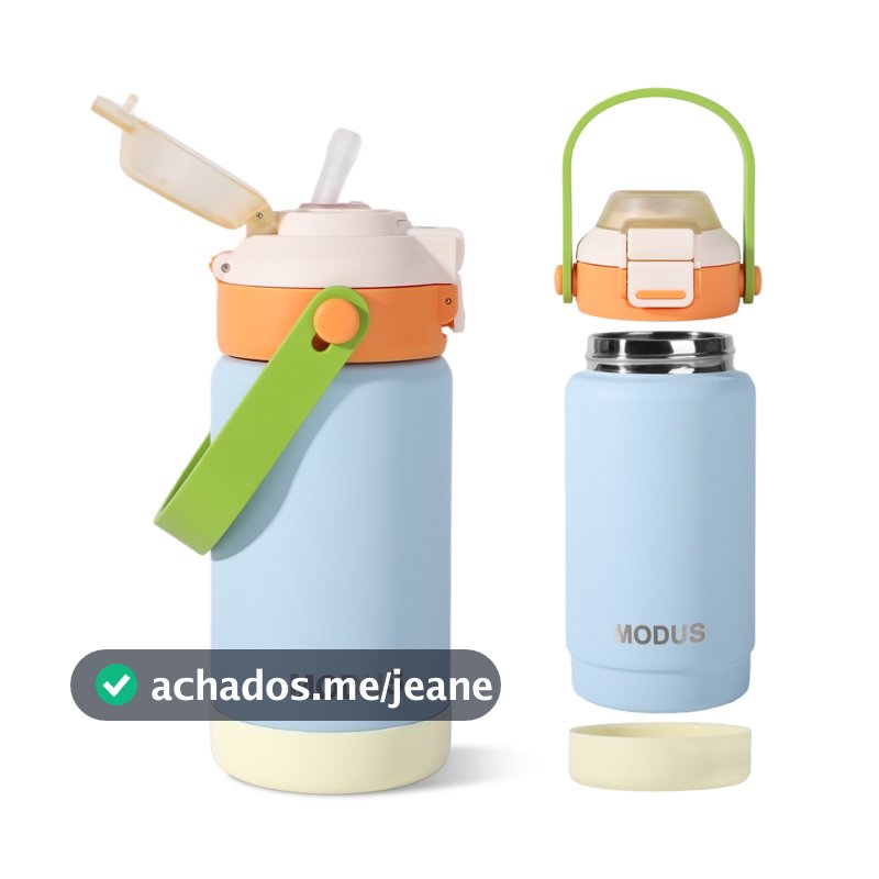 MODUS Thermos infantil 350ml  Aço Inox 304 Canudo e Bico 2 em 1 Tampa Flip com Trava, Alça, Base Protetora